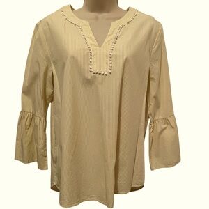 New Marc New York Popover Yellow Blouse 100% Cotton Micro Striped Bell sleeves M